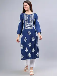 Seva Chikan Round Neck Printed Chikankari Straight Kurta