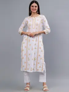 Seva Chikan Round Neck Floral Embroidered Chikankari Cotton Straight Kurta