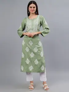 Seva Chikan Round Neck Floral Embroidered Chikankari Straight Kurta