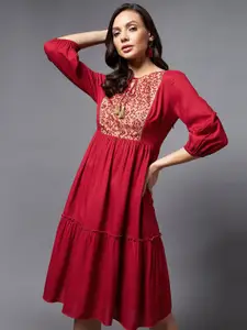 all about you Maroon Embroidered Puff Sleeve A-Line Gathered Dress
