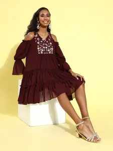 all about you Maroon Embroidered V-Neck Gathered Dress