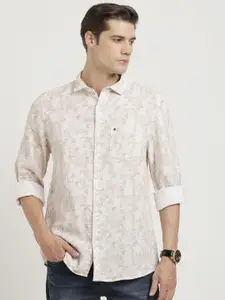 Turtle Spread Collar Long Sleeves Relaxed Slim Fit Floral Printed Cotton Casual Shirt