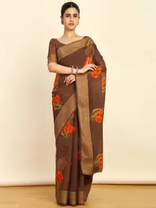 Soch Brown Floral Printed Zari Pure Linen Saree