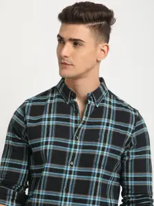 THE BEAR HOUSE Button-Down Collar Tartan Checks Long Sleeves Slim Fit Cotton Casual Shirt