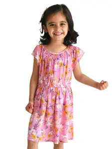 Campana Girls Short Sleeves Knee Length Fit and Flare Printed Viscose Rayon Dress