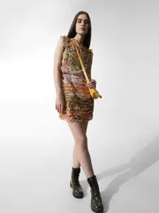 ONLY Onlate Sl Abstract Printed Ruffled Ruched Chiffon Sheath Mini Dress