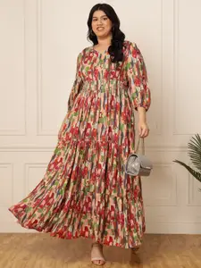 DEEBACO Plus Size Floral Printed Puff Sleeve Maxi Dress