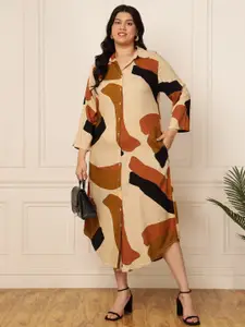 DEEBACO Plus Size Abstract Printed Shirt Collar Shirt Midi Dress