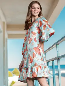 DressBerry Floral Print Bishop Sleeve A-Line Dress