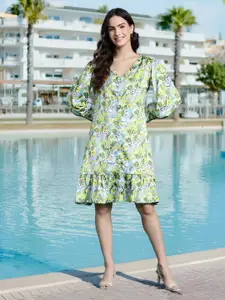 DressBerry Floral Print Bishop Sleeve A-Line Dress