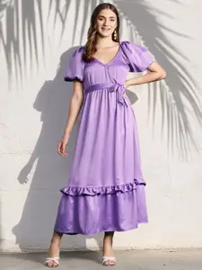 DressBerry Puff Sleeve Ruffled Satin Maxi Dress