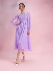 DressBerry Puff Sleeve Net Fit & Flare Midi Dress