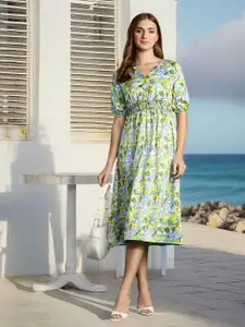 DressBerry Floral Print Puff Sleeve A-Line Midi Dress