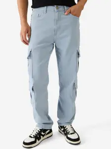 The Souled Store Men Blue Solids Dusty Bowl Straight Fit Stretchable Cargo Jeans