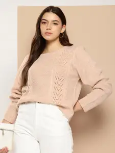 her by invictus Self Design Open Knit Pullover Sweater