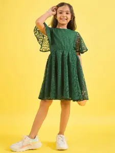 Stylo Bug Self Design Flared Sleeve Round Neck Lace Fit & Flare Dress