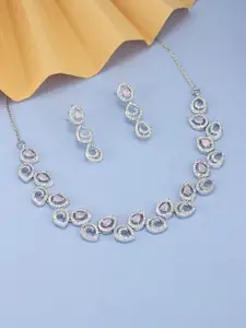 PRIVIU Rhodium-Plated American Diamond Studded Necklace And Earrings