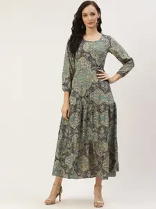Deewa Floral Printed Round Neck Crepe Maxi Midi Dress