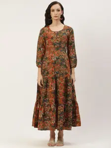 Deewa Floral Printed Round Neck Crepe A-Line Midi Dress