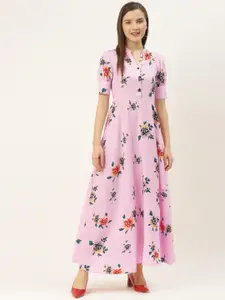 Deewa Floral Printed Mandarin Collar Crepe Maxi Dress