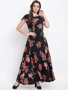 Deewa Floral Printed Round Neck Crepe Maxi Dress