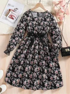 BAESD Girls Floral Print Cotton Fit & Flare Casual Dress Comes With A Belt