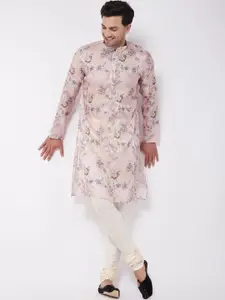 VASTRAMAY Floral Printed Mandarin Collar Straight Kurta with Pyjamas