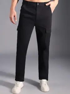 High Star Men Relaxed Straight Leg Mid-Rise Cargos Trousers