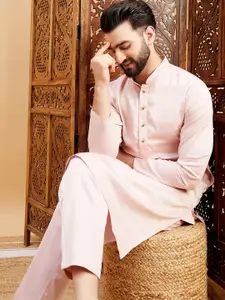 House of Pataudi Mauve Mandarin Collar Knee Length Straight Kurta With Pyjama Set