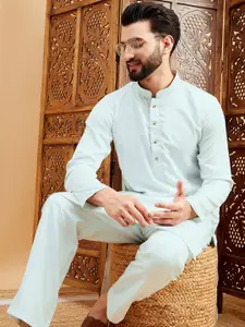 House of Pataudi Blue Mandarin Collar Knee Length Straight Kurta With Pyjama Set