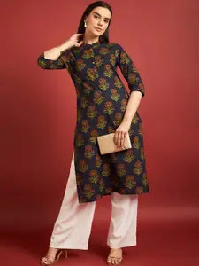 all about you Floral Printed Zari Cotton Mandarin Collar A-Line Kurta