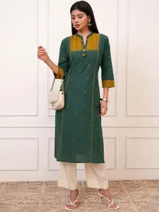 Vishudh Green Geometric Printed Mandarin Collar Pure Cotton Straight Kurta