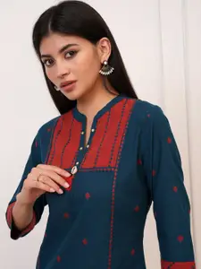 Vishudh Navy Blue Geometric Printed Mandarin Collar Pure Cotton Straight Kurta