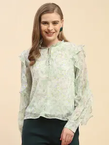 CAMLA Floral Print Tie-Up Neck Cuffed Sleeves Ruffled Top