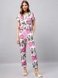 Orchid Hues Floral Printed Peplum Top With Trousers Co-Ords