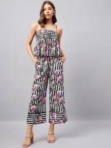 Orchid Hues Striped Floral Printed Shoulder Strap Peplum Top With Trousers Co-Ords