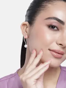 Estele Rhodium-Plated Peals-Studded Teardrop Shaped Drop Earrings