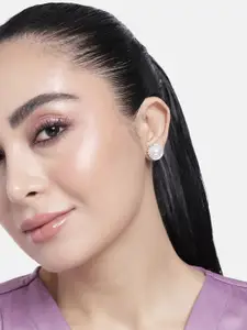 Estele Rhodium-Plated Pearls-Studded Circular Studs Earrings