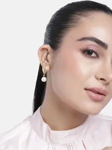 Estele Gold-Plated Leaf Shaped Pearls Drop Earrings