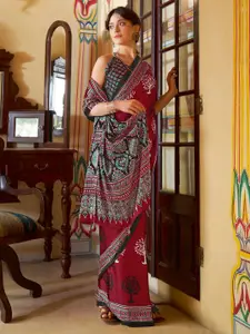 Saree mall modal Ajrak Block Poly Crepe Bagru SareesWith Blouse Piece