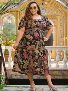 PrettyPlus by Desinoor.com Plus Size Floral Print Flutter Sleeve A-Line Midi Dress