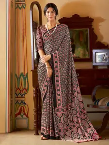 Saree mall modal Ajrak Block Poly Crepe Bagru SareesWith Blouse Piece
