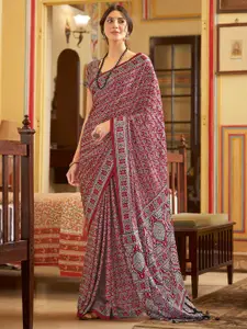 Saree mall modal Ajrak Block Poly Crepe Bagru SareesWith Blouse Piece