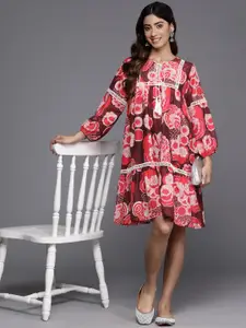 Varanga Floral Print Puff Sleeve A-Line Dress