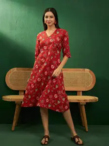 Sangria Floral Printed Angrakha V-Neck Cotton A-Line Ethnic Dress