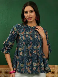 Sangria Paisley Printed Keyhole Neck Puff Sleeves Pleated A-Line Cotton Top
