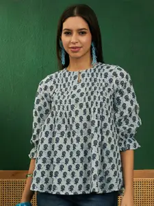 Sangria Butta Floral Printed Keyhole Neck Puff Sleeves Pleated Cotton Top