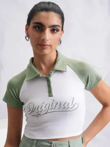 Tokyo Talkies Green & White Typography Printed Polo Collar Crop Top