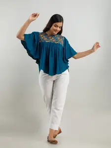 BAIRAJ Geometric Embroidered Round Neck Flutter Sleeve Opaque Casual Top