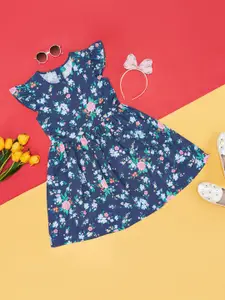 YU by Pantaloons Girls Floral Printed Round Neck Flutter Sleeves Fit and Flare Dress